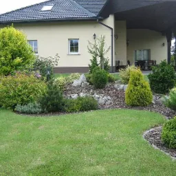 Ukształtowany ogród przed domem jednorodzinnym w Mikołowie, z trawnikiem, ozdobnymi krzewami, kamieniami i korą.