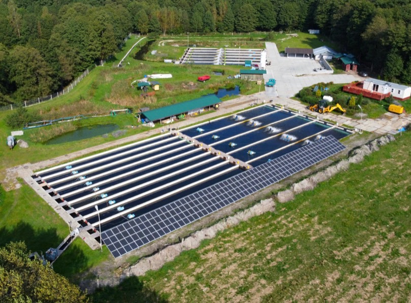 Panoramiczny widok z lotu ptaka na farmę alg z rzędami zbiorników wodnych, systemem napowietrzania i panelem słonecznym, otoczoną zielenią i lasem w tle.