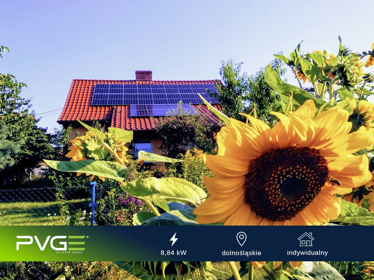 Panele słoneczne na dachu domu jednorodzinnego, widoczne zza kwitnących słoneczników, w tle błękitne niebo.