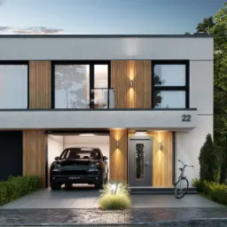 Wizualizacja nowoczesnego domu jednorodzinnego z elementami drewna na elewacji, czarnym Porsche w otwartym garażu, oświetlonym wejściem i rowerem opartym o ścianę.