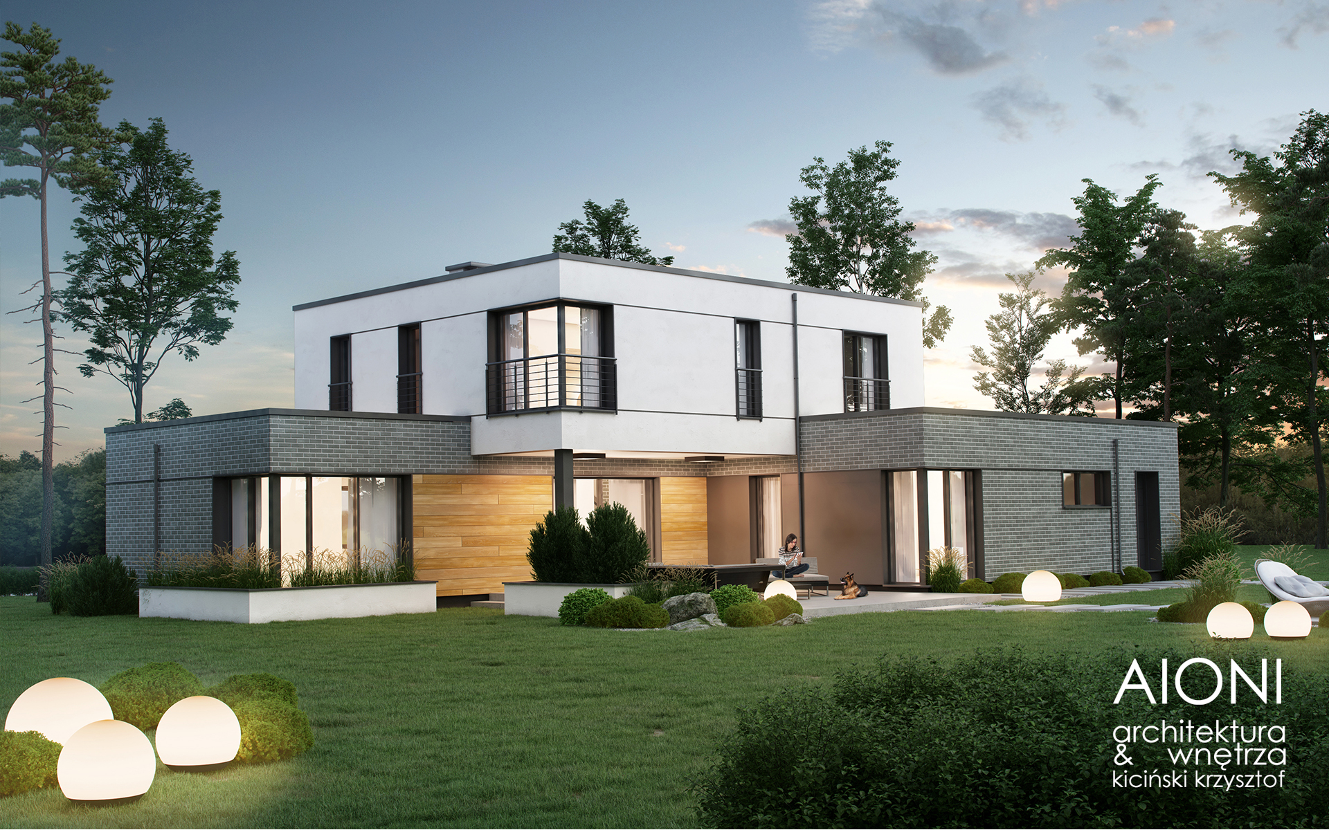 Wizualizacja nowoczesnego, dwukondygnacyjnego domu z płaskim dachem, szarą cegłą i drewnianą elewacją, oświetlonego kulistymi lampami ogrodowymi, z osobą siedzącą na tarasie i psem obok, logo firmy...