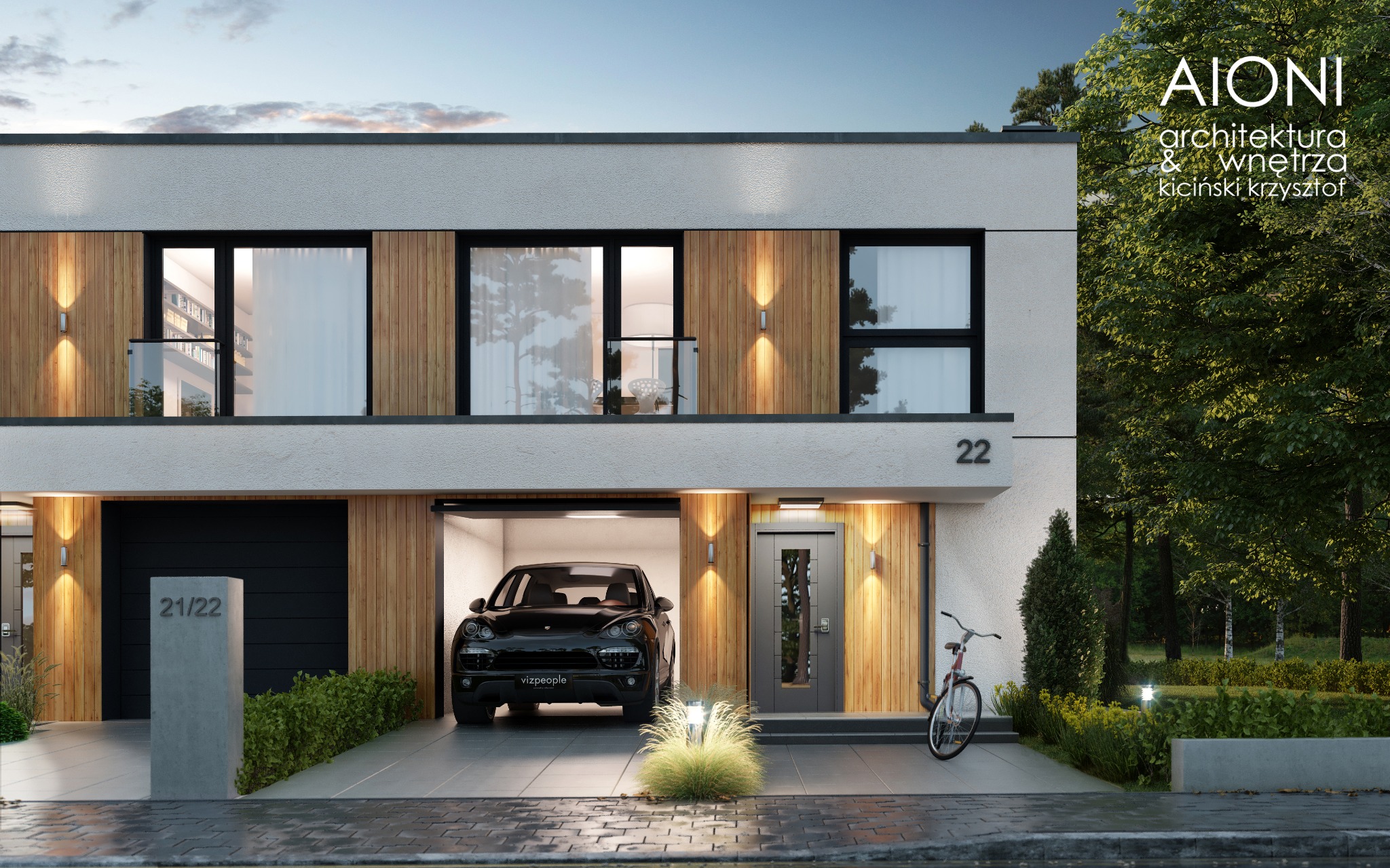 Wizualizacja nowoczesnego domu jednorodzinnego z elementami drewna na elewacji, czarnym Porsche w otwartym garażu, oświetlonym wejściem i rowerem opartym o ścianę.
