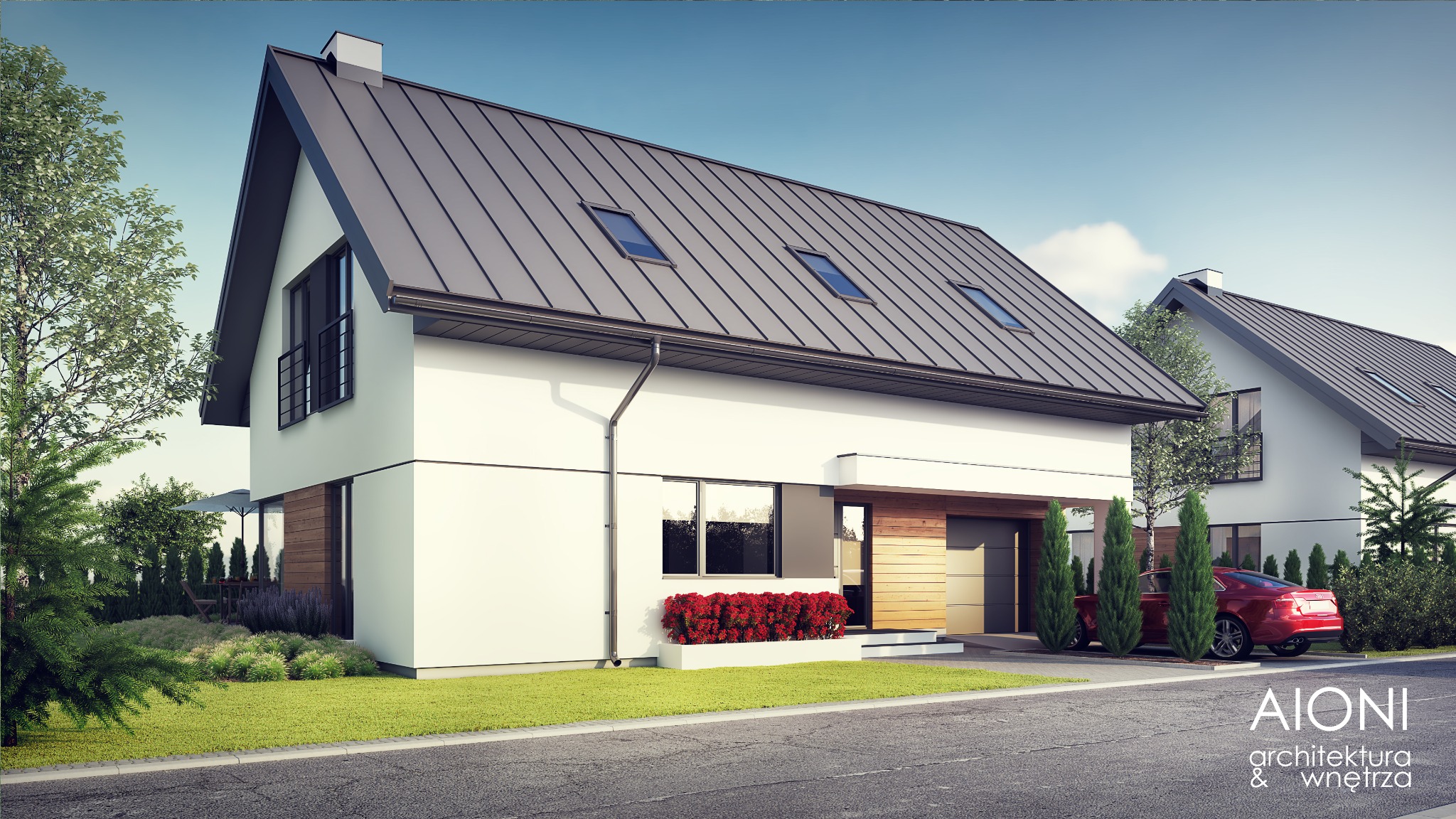 Wizualizacja nowoczesnego domu jednorodzinnego z dwuspadowym dachem, białymi ścianami i elementami z drewna, czerwonym samochodem i starannie zaprojektowanym ogrodem. W tle widoczny drugi budynek.