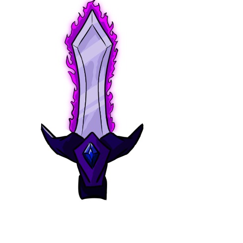 Ilustracja cyfrowa: Fioletowy miecz z płomieniami, stylizowany, z ciemnofioletową rękojeścią ozdobioną niebieskim klejnotem.