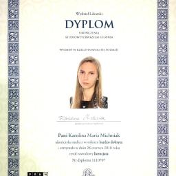 Dyplom uzyskania tytułu zawodowego licencjata Dietetyki na Wydziale Lekarskim Uniwersytetu Jagiellońskiego w Krakowie.