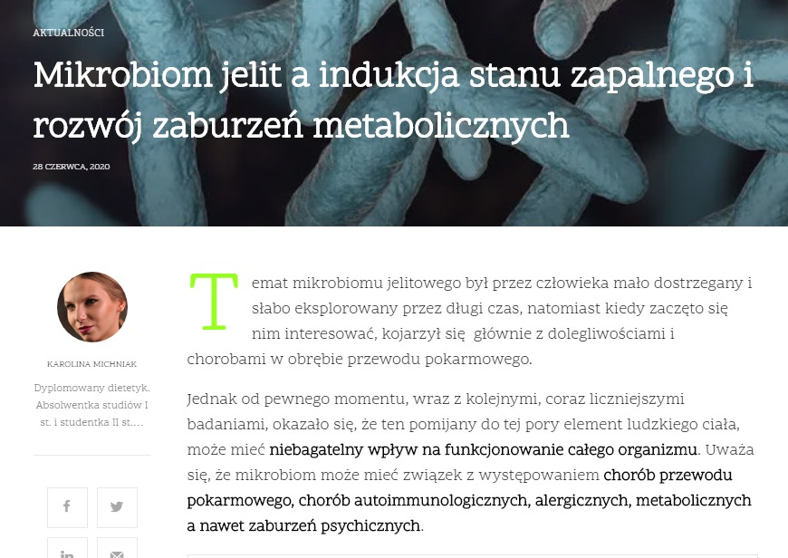 Artykuł o mikrobiomie jelitowym i jego wpływie na stany zapalne oraz zaburzenia metaboliczne, ilustrowany abstrakcyjnym ujęciem bakterii jelitowych w odcieniach błękitu i szarości.