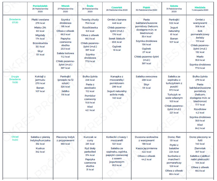Fragment podsumowania jadłospisu dla Pacjenta.