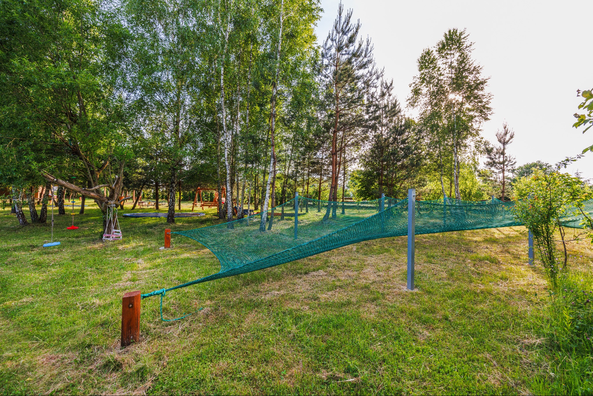 Zielona siatka zabezpieczająca rozciągnięta między drzewami na trawiastym terenie rekreacyjnym z huśtawkami w tle.