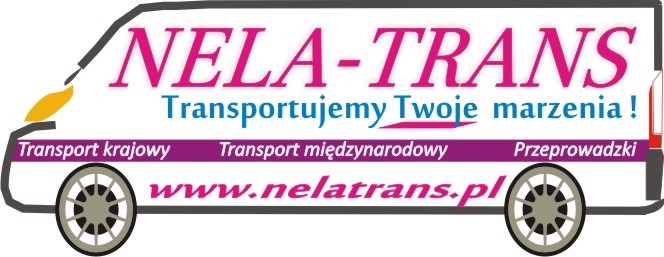 Grafika przedstawiająca schematyczny rysunek furgonetki z logotypem firmy NELA-TRANS, oferującej transport krajowy i międzynarodowy oraz przeprowadzki, z hasłem 'Transportujemy Twoje marzenia!'...