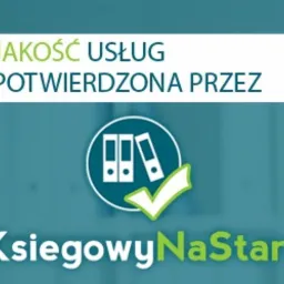 Grafika z napisem 'Jakość usług potwierdzona przez KsięgowyNaStart' oraz ikoną trzech segregatorów z zielonym symbolem akceptacji (ptaszkiem). Tło w odcieniach zieleni.