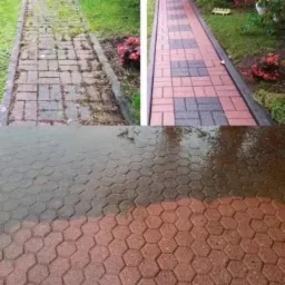 Porównanie stanu kostki brukowej przed i po czyszczeniu: zarośnięta chwastami i mchem kostka w górnej części zdjęcia kontrastuje z czystą, odświeżoną powierzchnią w dolnej części. Widoczne różnice...