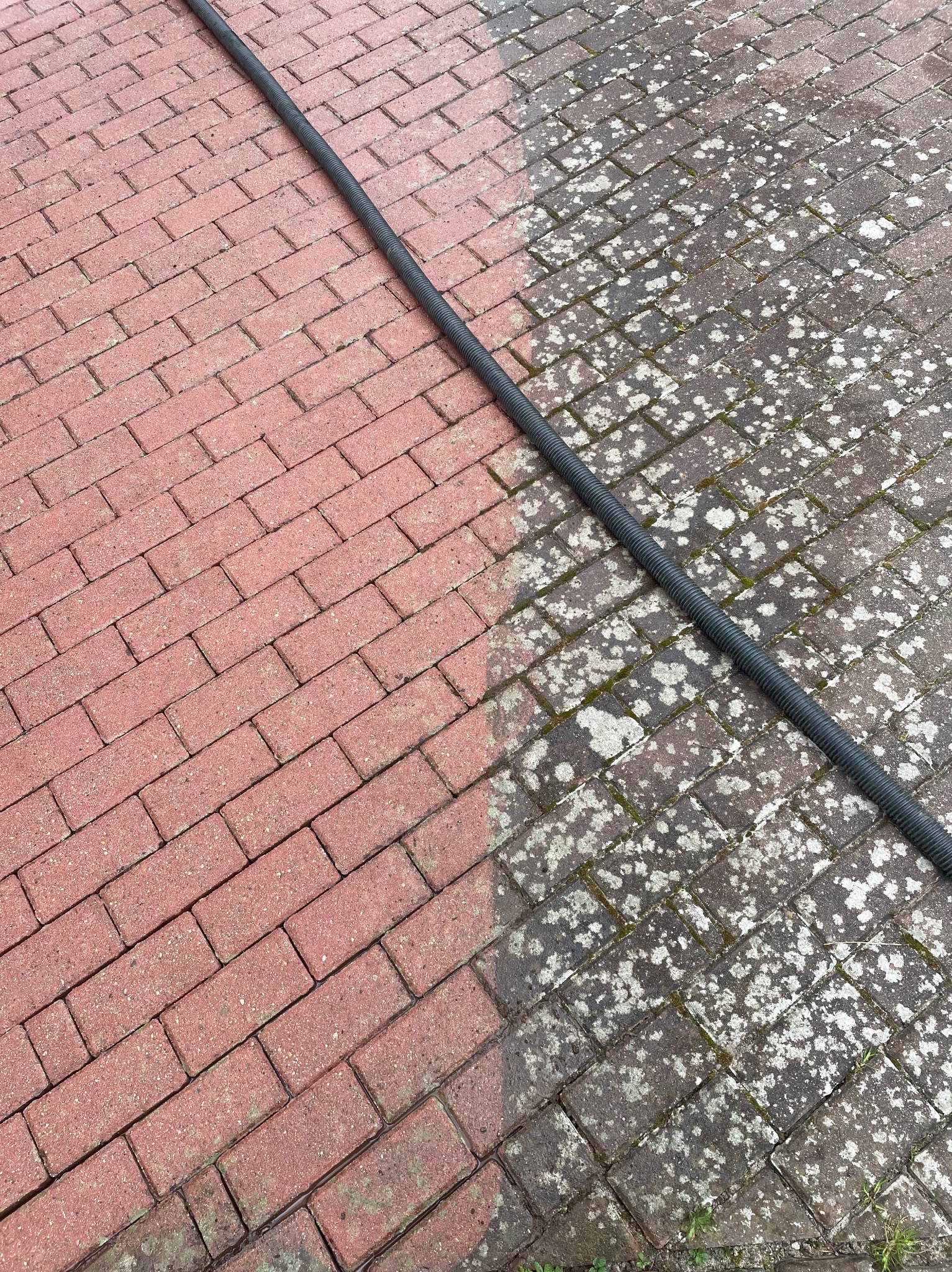 Częściowo wyczyszczona czerwona kostka brukowa z widoczną różnicą między brudną i czystą powierzchnią, czarny wąż na ukośnej linii podziału.