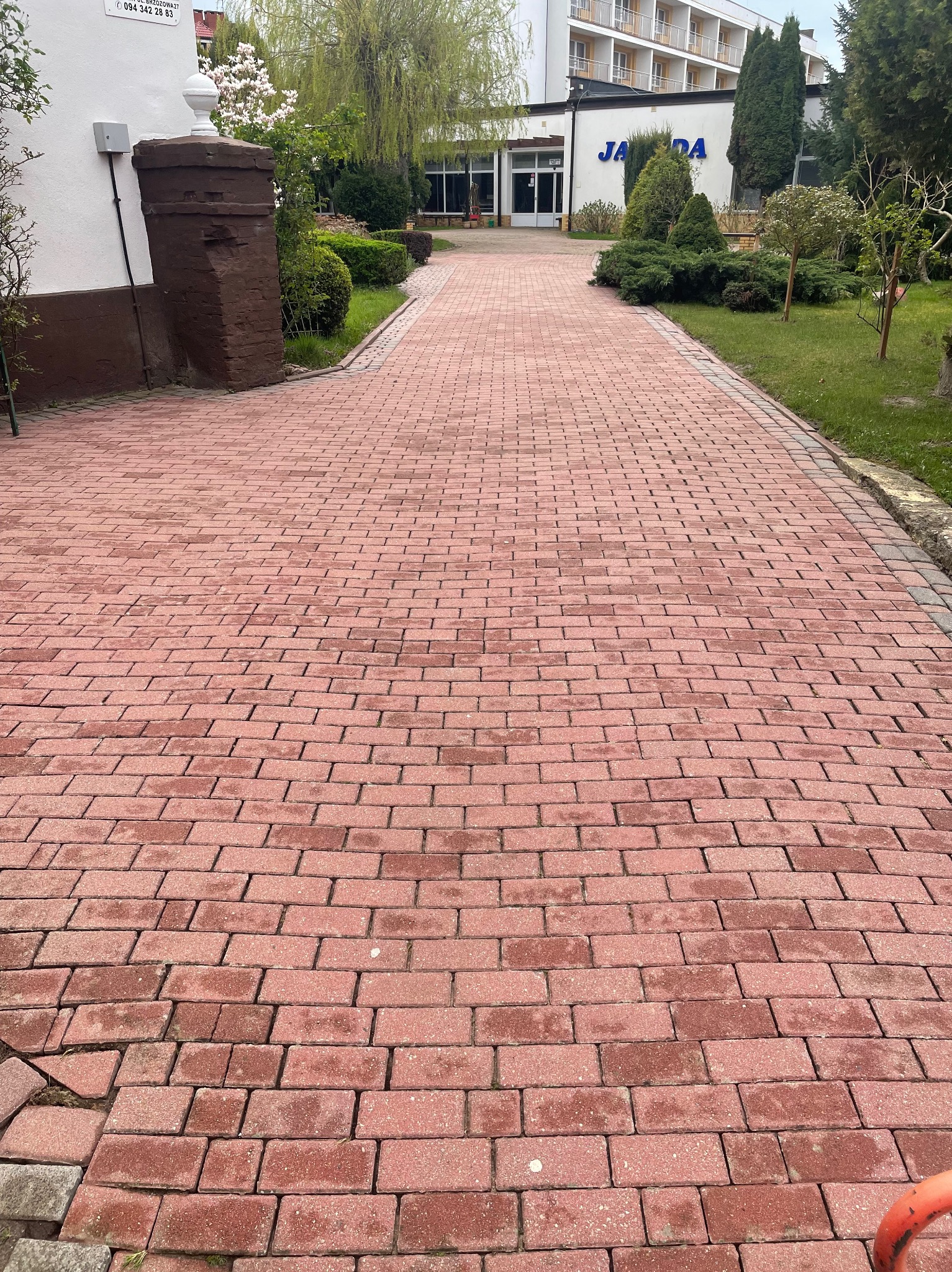 Czerwona kostka brukowa prowadząca do budynku w Koszalinie, otoczona zielenią i krzewami.
