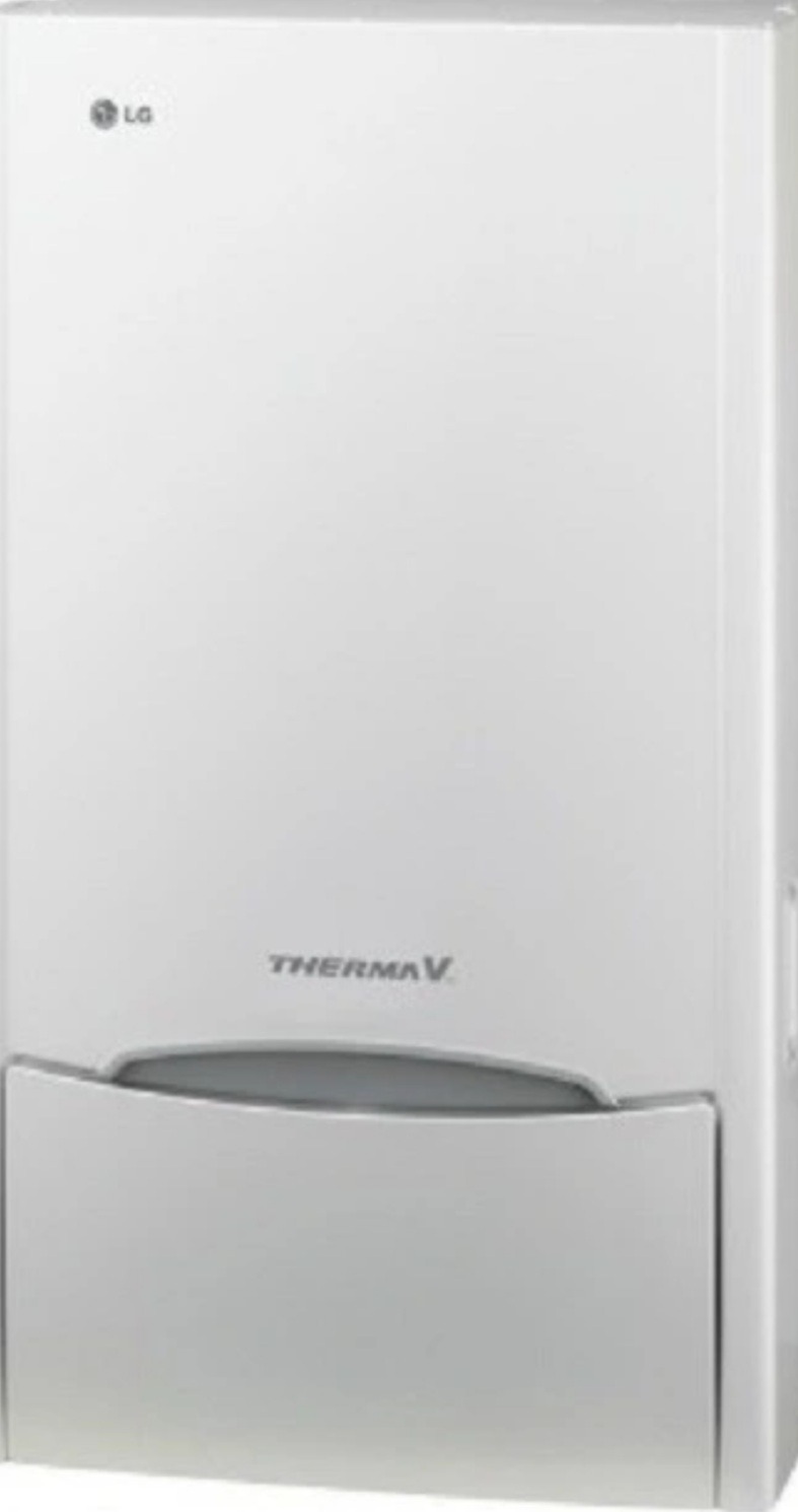 Biała pompa ciepła LG Therma V z widocznym logo producenta w górnym rogu.