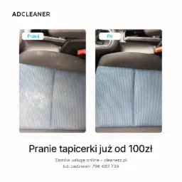 Fotel samochodowy z jasnoniebieską tapicerką: po lewej stronie widoczne silne zabrudzenia, po prawej efekt czyszczenia tapicerki - porównanie 'przed' i 'po'.