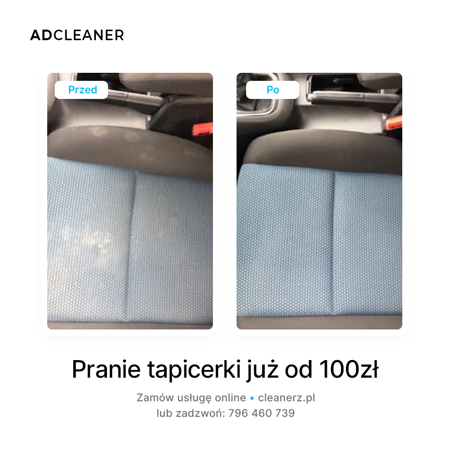Fotel samochodowy z jasnoniebieską tapicerką: po lewej stronie widoczne silne zabrudzenia, po prawej efekt czyszczenia tapicerki - porównanie 'przed' i 'po'.