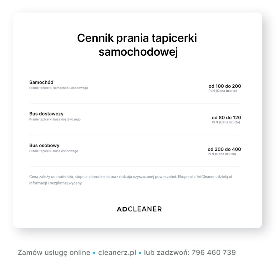 Cennik prania tapicerki samochodowej, obejmujący samochód osobowy, bus dostawczy i bus osobowy z podanymi cenami brutto, logo AdCleaner, numer telefonu i adres strony internetowej.