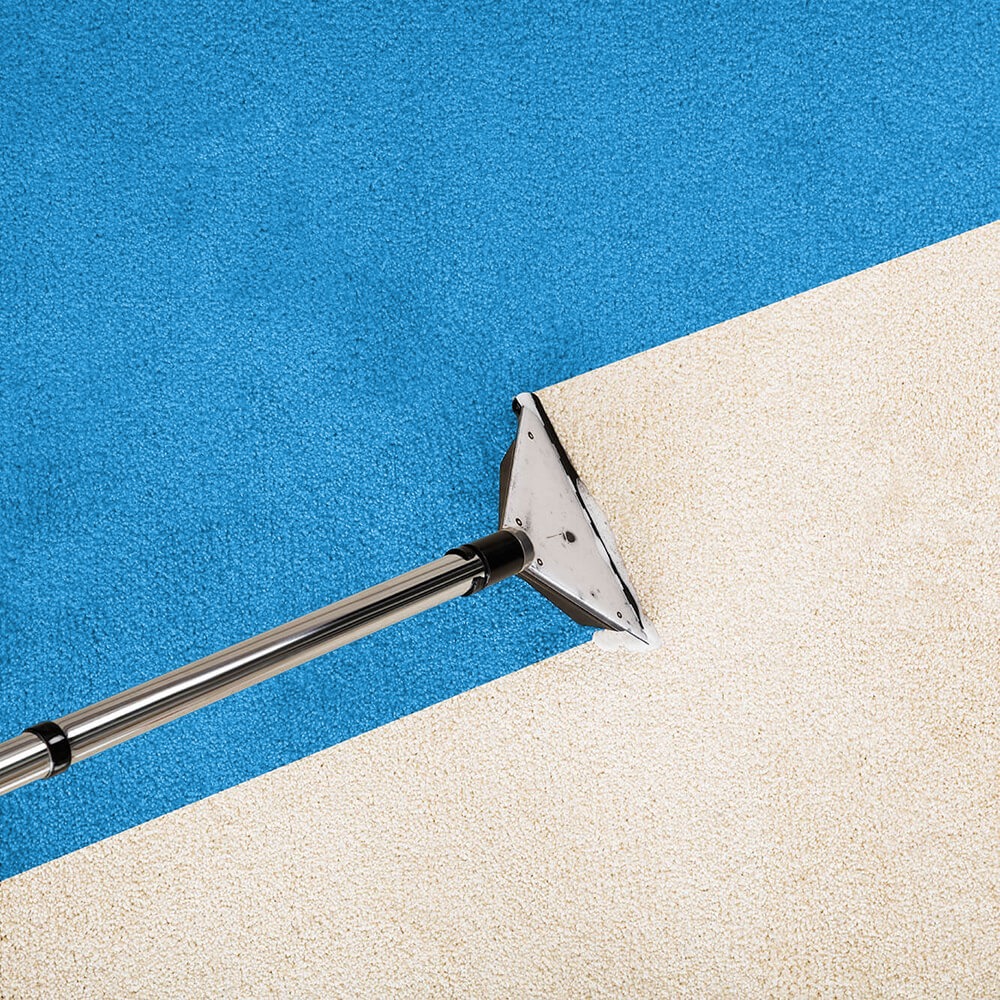 Profesjonalne urządzenie do czyszczenia dywanów w trakcie pracy, widoczny efekt odświeżenia na granicy niebieskiego i beżowego runa.