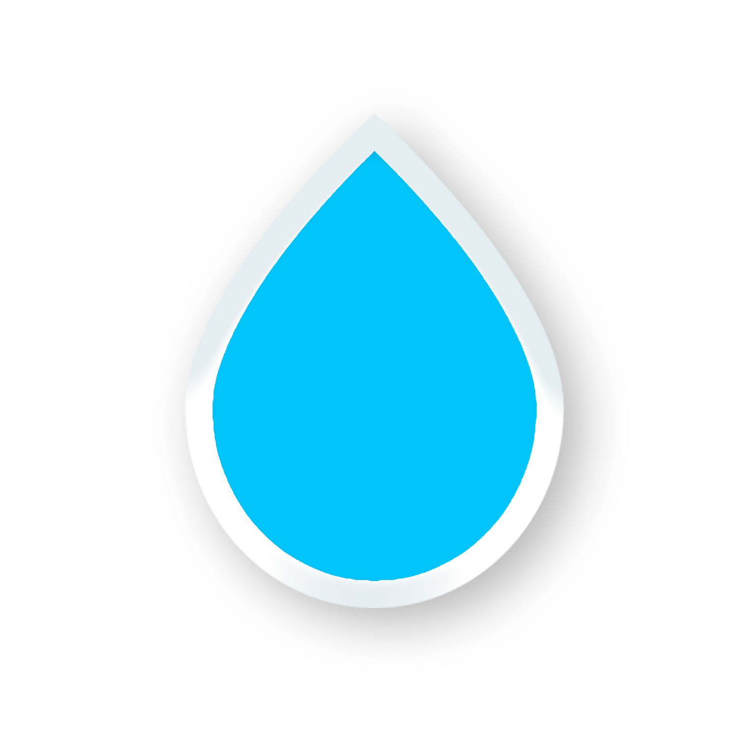 Stylizowana błękitna kropla wody z białą obwódką i cieniem na białym tle.
