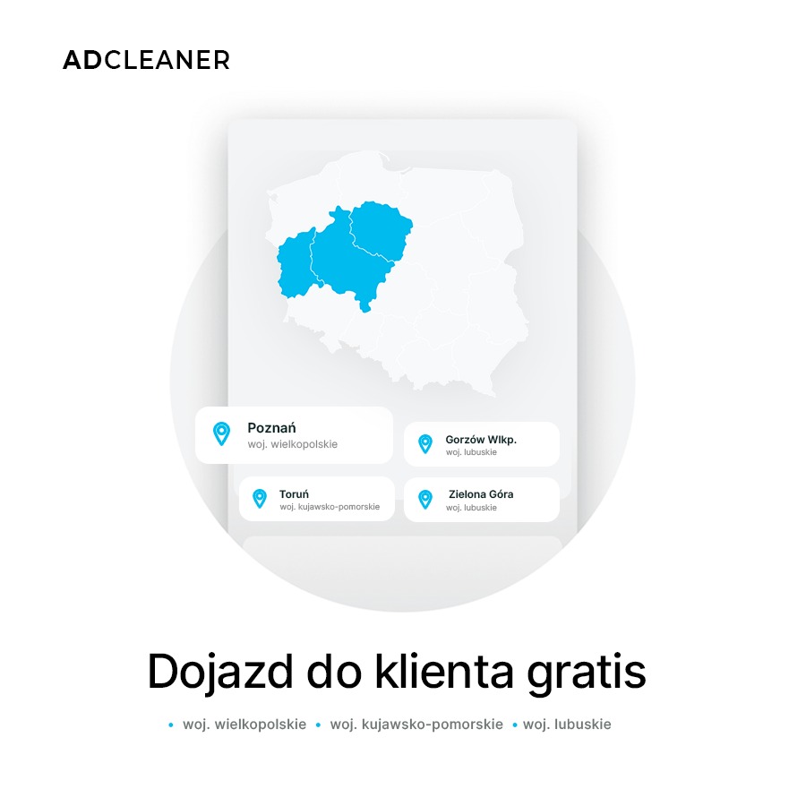 Mapa Polski z zaznaczonymi województwami wielkopolskim, kujawsko-pomorskim i lubuskim, wraz z lokalizacjami Poznań, Toruń, Gorzów Wielkopolski i Zielona Góra; napis 'Dojazd do klienta gratis'...