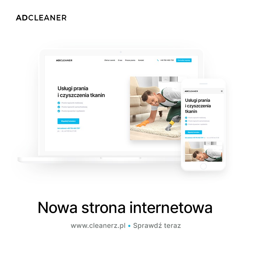 Reklama nowej strony internetowej firmy czyszczącej z wizualizacją pracownika w trakcie czyszczenia dywanu, widok na ekranie laptopa i smartfona.