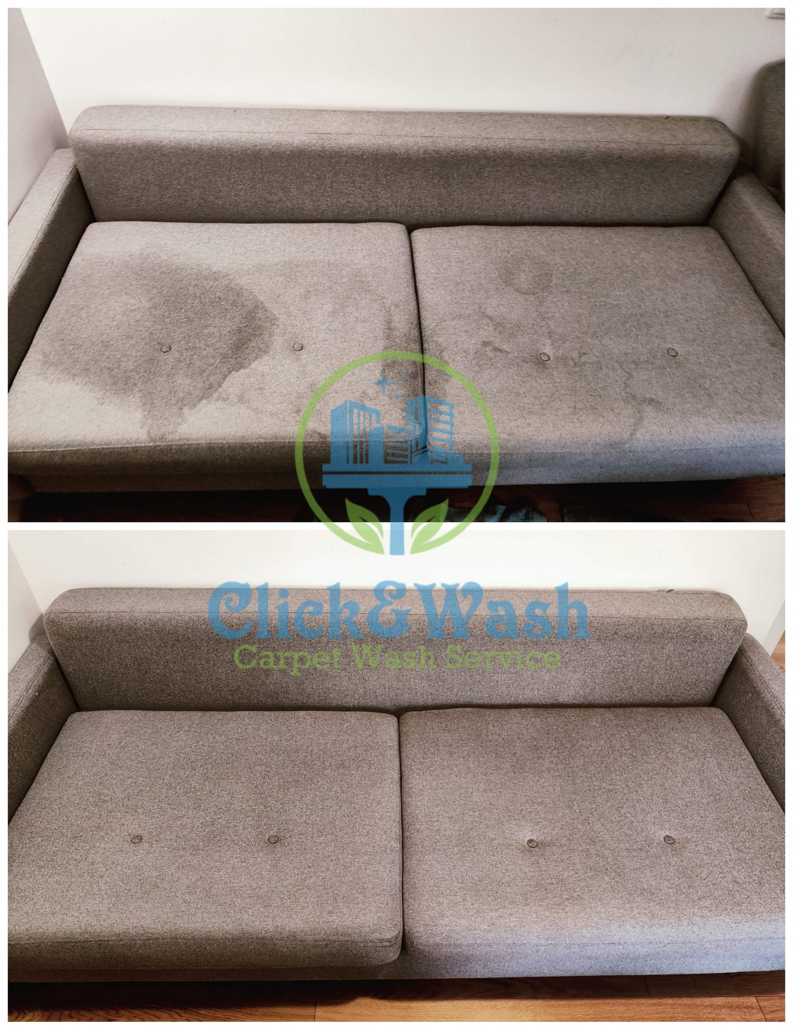 Dwu-częściowa kanapa z szarej tapicerki, widok przed i po czyszczeniu. Na górnym ujęciu widoczne plamy na siedzisku, na dolnym kanapa po usunięciu zabrudzeń.