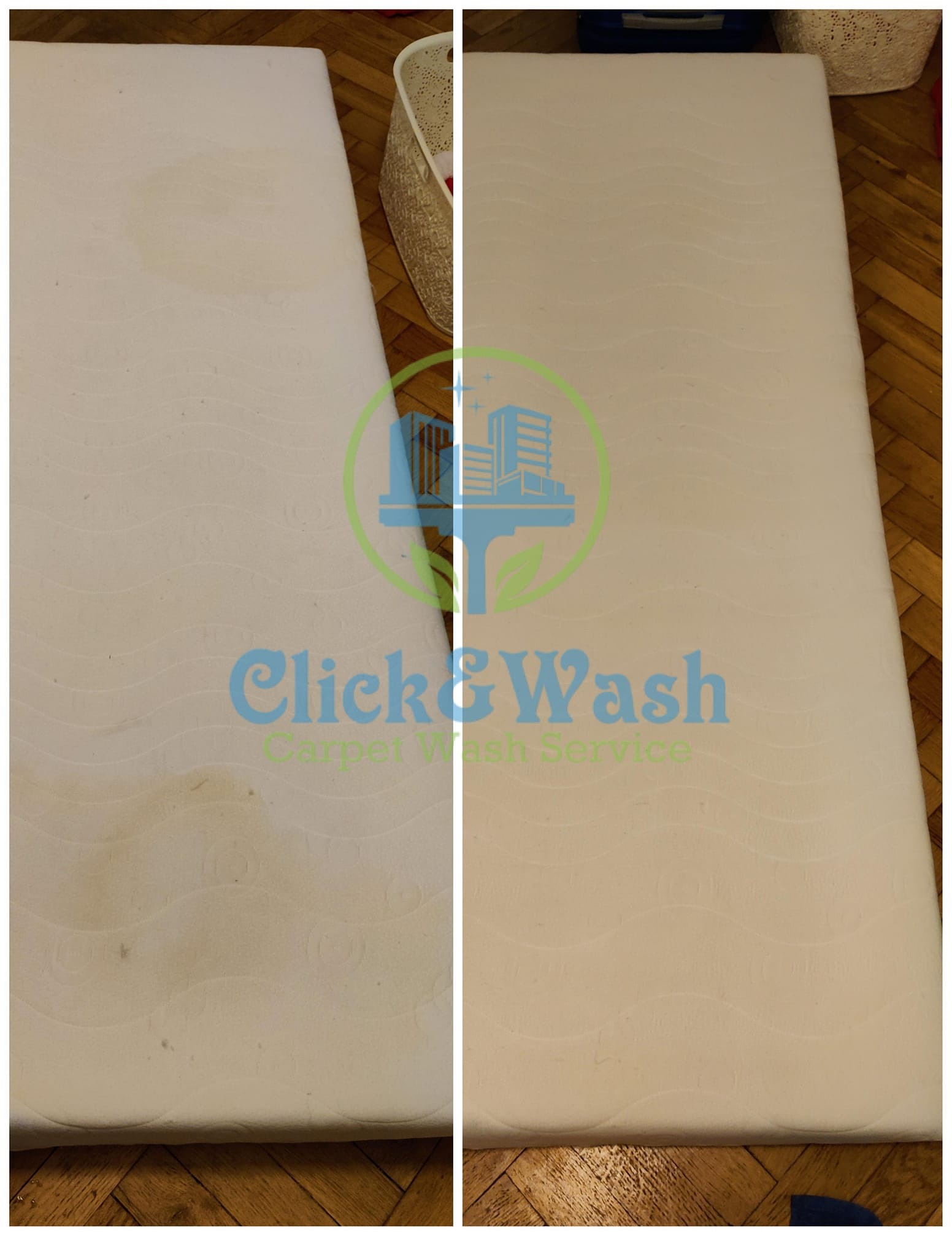 Porównanie materaca przed i po czyszczeniu, widoczne plamy usunięte, logo firmy nałożone cyfrowo.