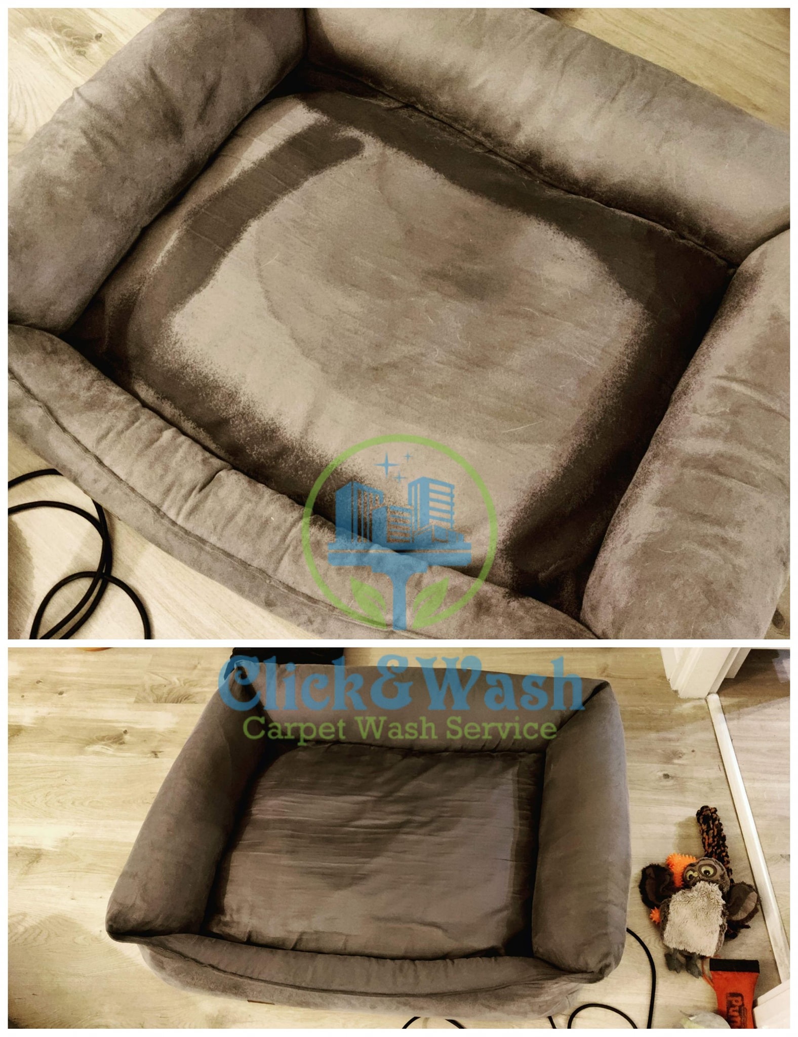 Dwuetapowe ujęcie szarego legowiska dla zwierząt, widoczne plamy przed czyszczeniem i odświeżony wygląd po zabiegu.