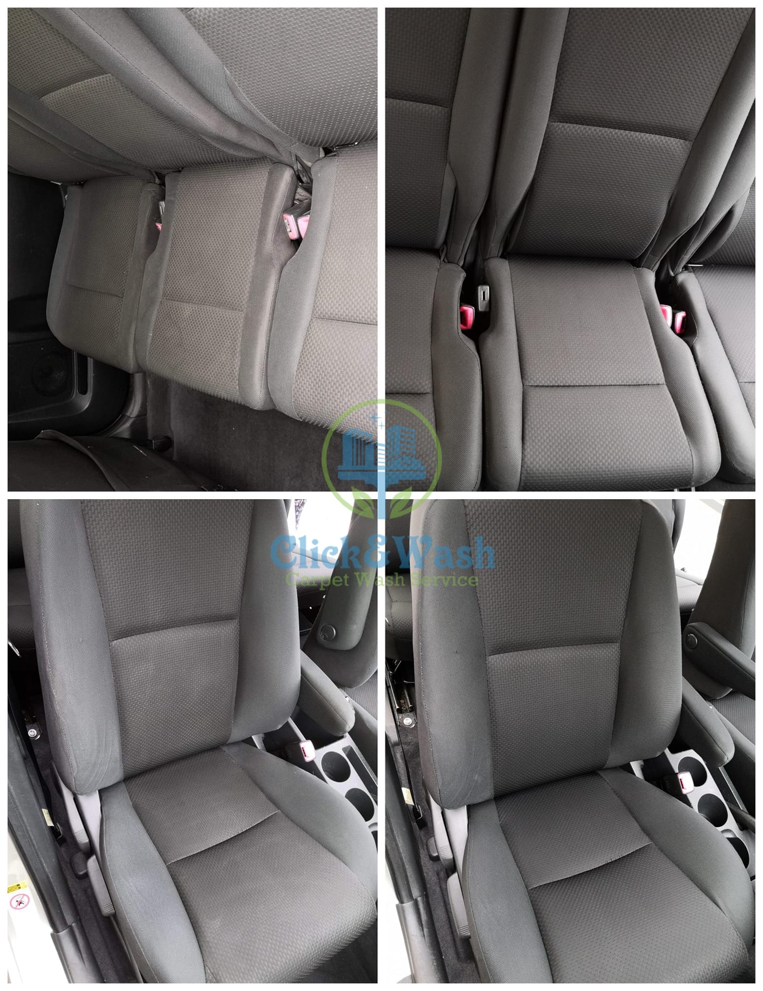 Cztery ujęcia tej samej tapicerki samochodowej przed i po czyszczeniu, widoczne różnice w kolorze i plamy usunięte po prawej stronie każdego ujęcia.