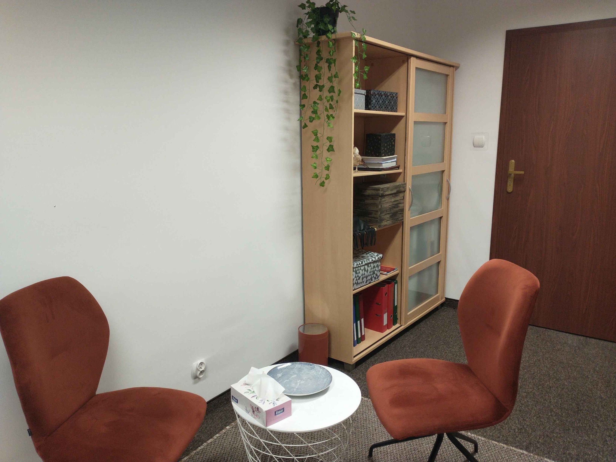 Gabinet psychologiczny z dwoma pomarańczowymi krzesłami, stolikiem z chusteczkami i ozdobnym talerzem, regałem z dekoracjami i sztuczną rośliną zwisającą z góry.