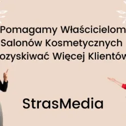Grafika reklamowa: mężczyzna w czarnej koszuli i kobieta w czerwonej bluzce prezentują ofertę dla właścicieli salonów kosmetycznych, pomagając im pozyskiwać więcej klientów. Widoczny napis...