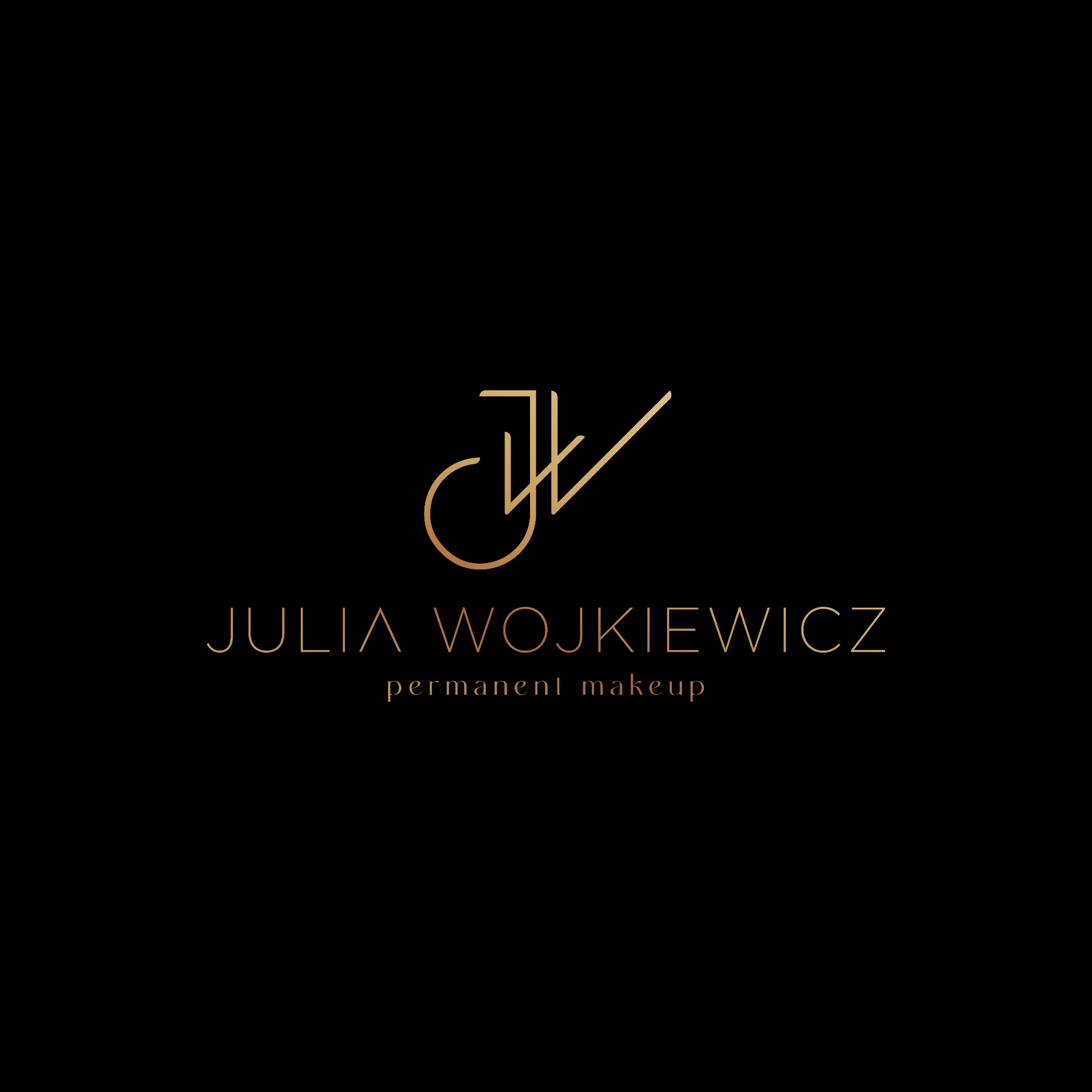 Eleganckie logo w kolorze złotym na czarnym tle, przedstawiające inicjały JW i pełną nazwę Julia Wojkiewicz permanent makeup