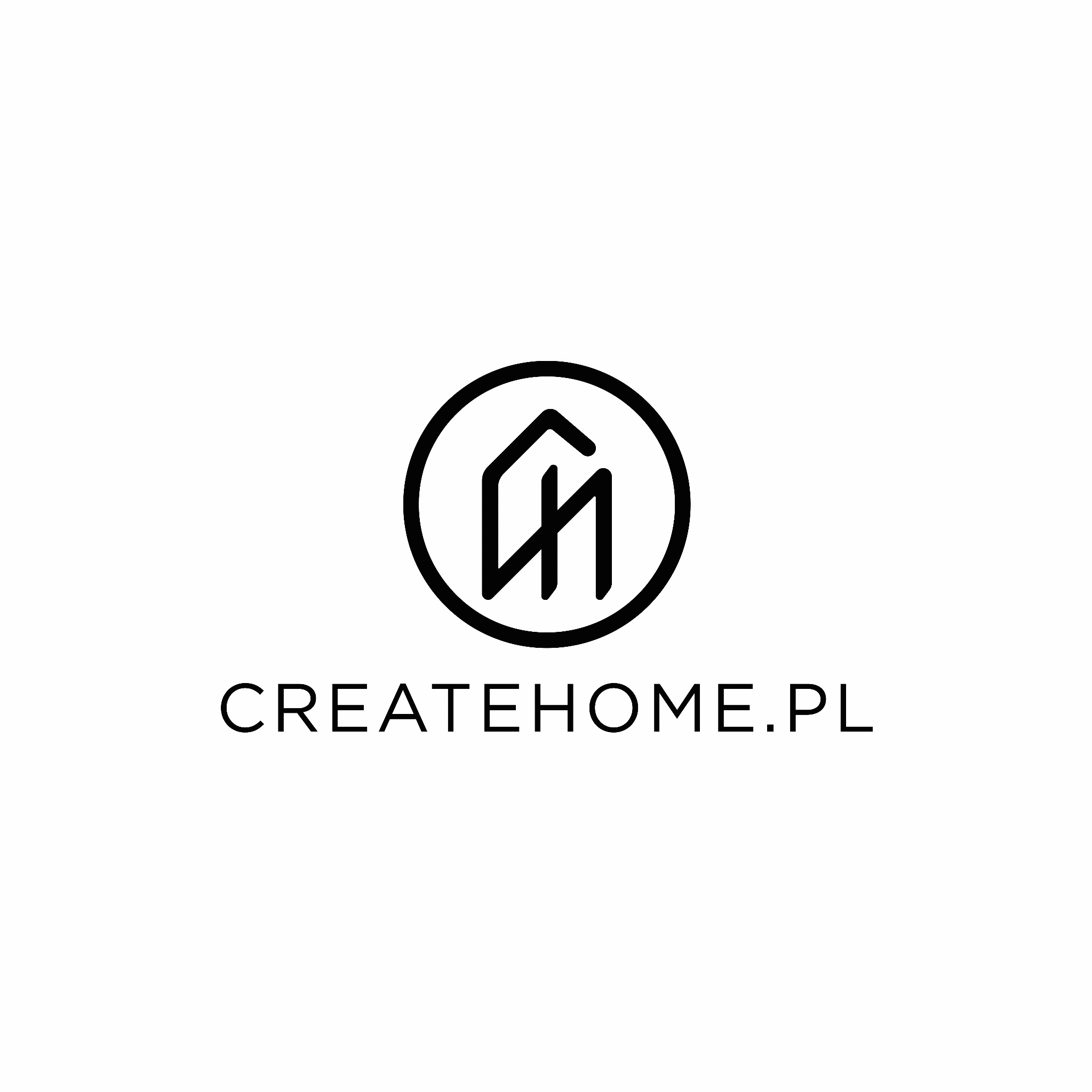 Minimalistyczne logo z symbolem domu wpisanym w okrąg, poniżej nazwa firmy CREATEHOME.PL, czcionka bezszeryfowa.