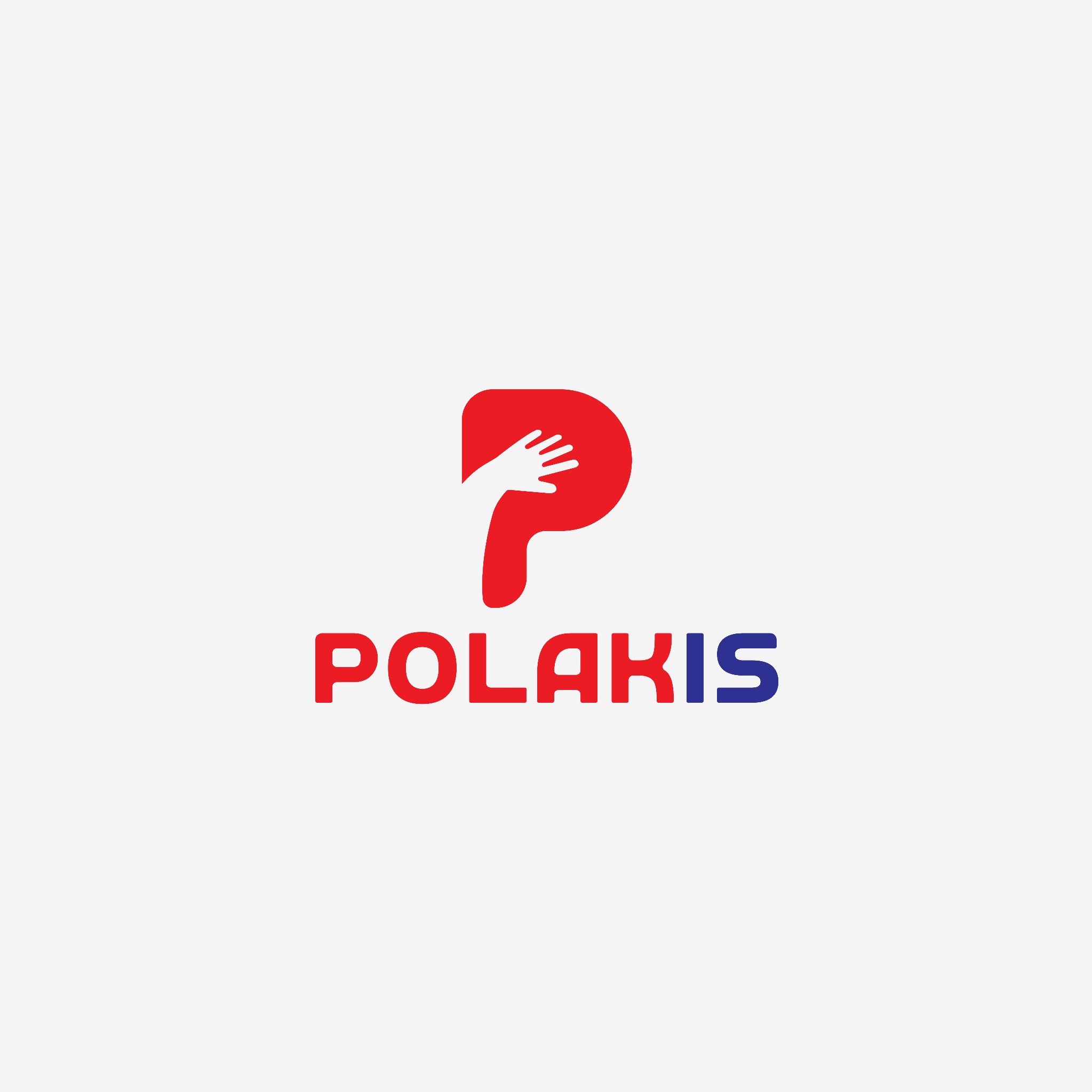 Graficzne logo firmy Polakis: czerwona litera P z białą dłonią w środku, poniżej niebiesko-czerwony napis Polakis.