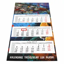 Trójdzielny kalendarz ścienny z motywem podwodnego krajobrazu, obejmujący grudzień 2018, styczeń i luty 2019, z zaznaczonym dniem 1 stycznia.