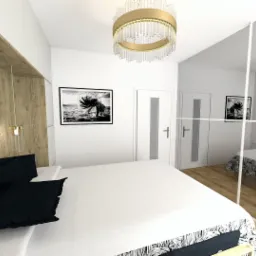 Wizualizacja sypialni z drewnianą ścianą, okrągłym, złotym żyrandolem i czarno-białym zdjęciem nad łóżkiem, odbicie pokoju w lustrzanej szafie.