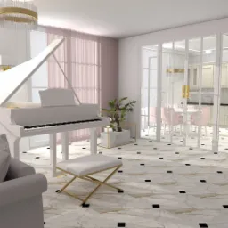 Elegancki salon z białym fortepianem, marmurową podłogą w czarne kwadraty, kominkiem i sofą z różowymi poduszkami, widok na jadalnię przez szklane drzwi.