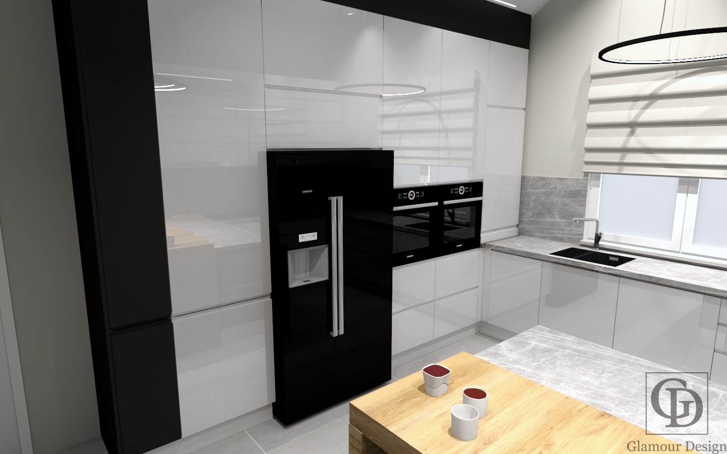 Wizualizacja nowoczesnej kuchni z białymi, lakierowanymi szafkami, czarną lodówką Bosch z dystrybutorem wody, dwoma piekarnikami w zabudowie i wyspą z drewnianym blatem, na której stoją trzy białe...