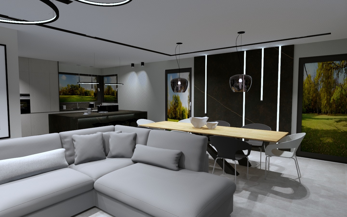 Projekt salonu z otwarta kuchnia ,w domu jednorodzinnym .Styl nowoczesny i minimalistyczny