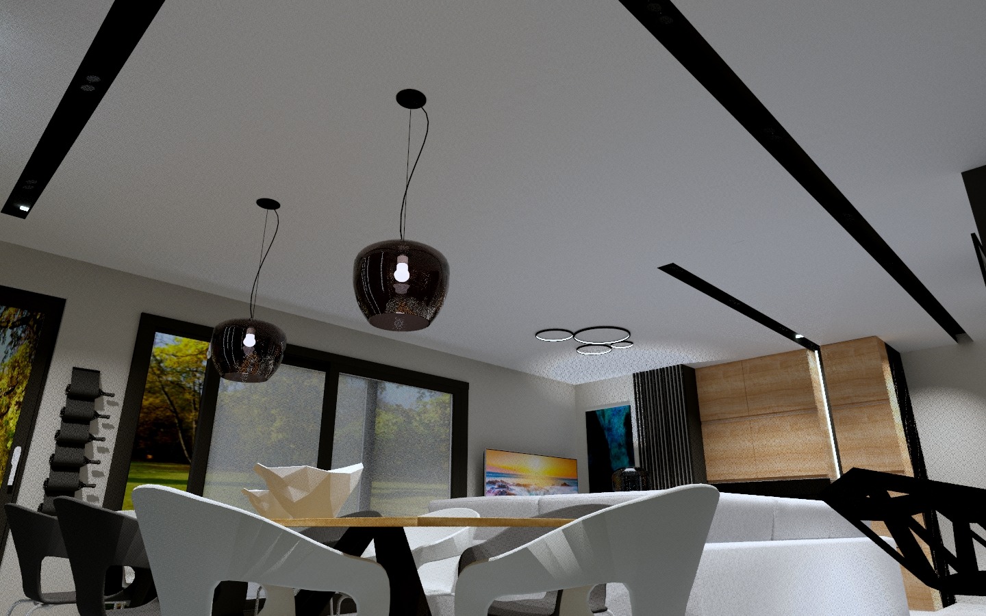 Wizualizacja wnętrza jadalni z widokiem na salon, z nowoczesnymi lampami wiszącymi o kulistych kloszach, białymi krzesłami i stołem z drewnianym blatem, na tle okien z widokiem na zieleń i telewizora.