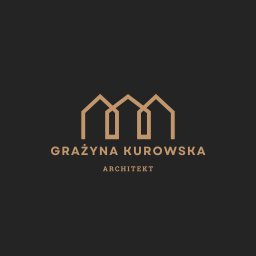Grażyna Kurowska Architekt - Minimalistyczne logo architekta Grażyny Kurowskiej: trzy stylizowane domy w kolorze beżowym na ciemnoszarym tle. Proste linie tworzą nowoczesny i elegancki znak graficzny.