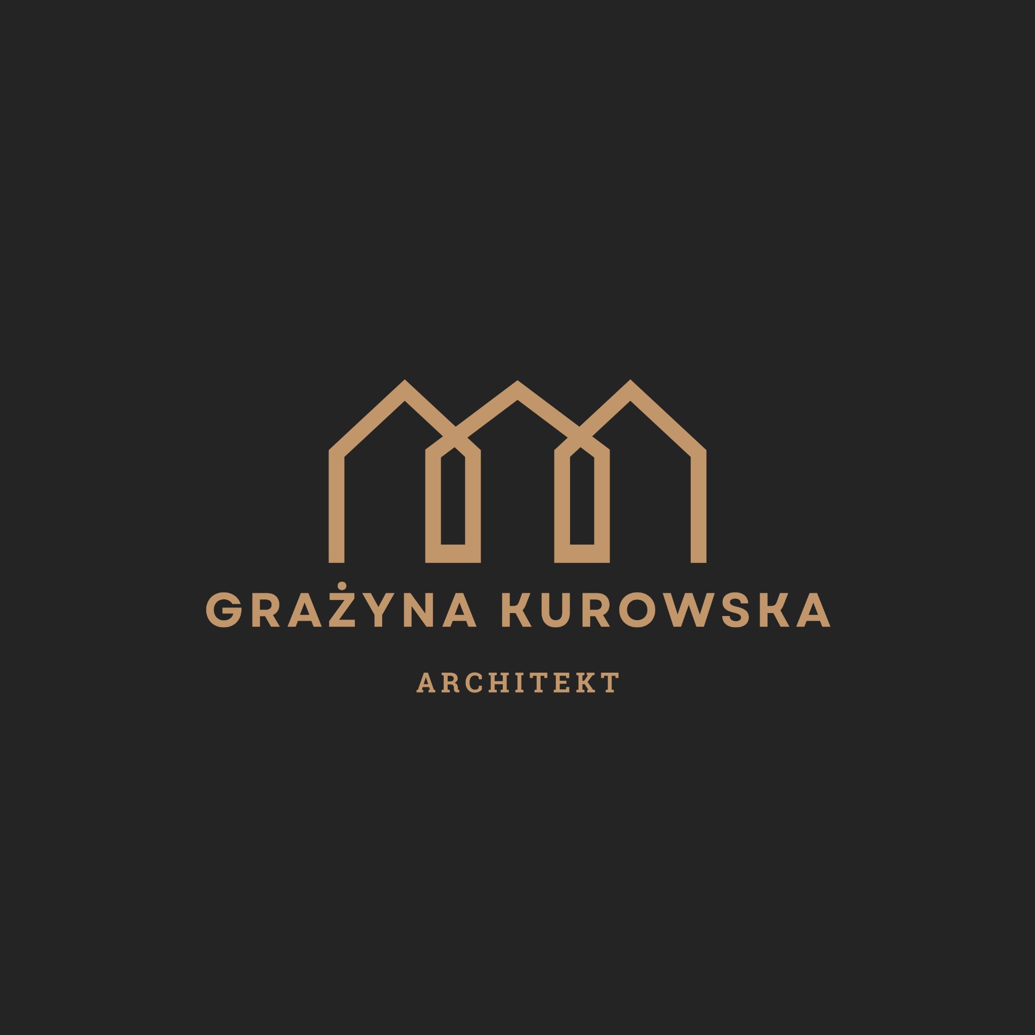 Minimalistyczne logo architekta Grażyny Kurowskiej: trzy stylizowane domy w kolorze beżowym na ciemnoszarym tle. Proste linie tworzą nowoczesny i elegancki znak graficzny.