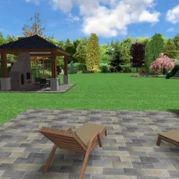 Wizualizacja projektu ogrodu z drewnianą altaną z grillem, leżakami na kamiennym patio i placem zabaw w tle.