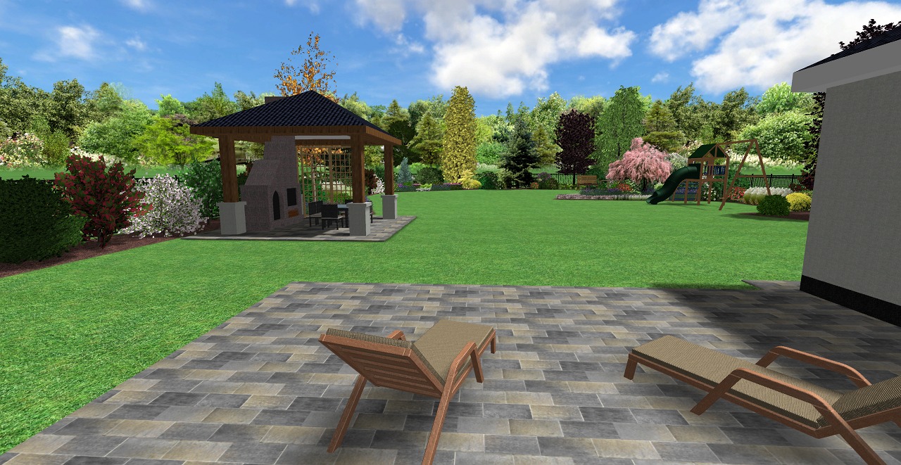 Wizualizacja projektu ogrodu z drewnianą altaną z grillem, leżakami na kamiennym patio i placem zabaw w tle.