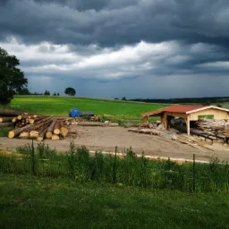 Stos pni drzewnych w tartaku z widocznym budynkiem z czerwonym dachem i niebieską ciężarówką na tle zielonego pola i burzowego nieba.