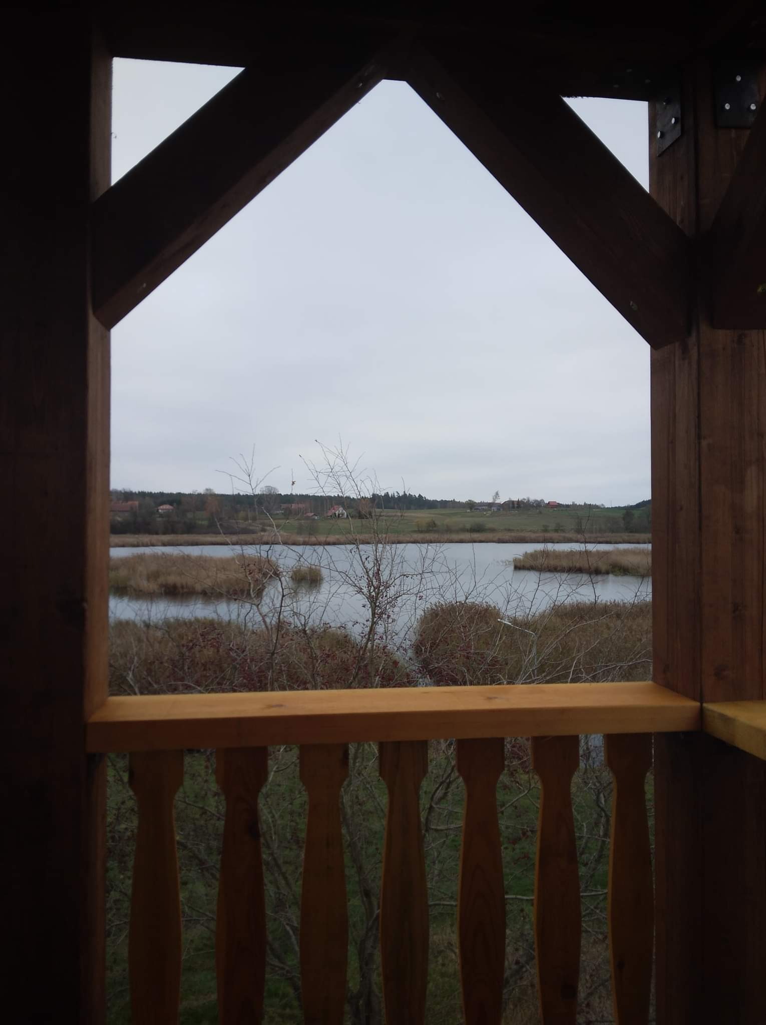 Drewniana konstrukcja z widokiem na jezioro i oddalony krajobraz w pochmurny dzień.