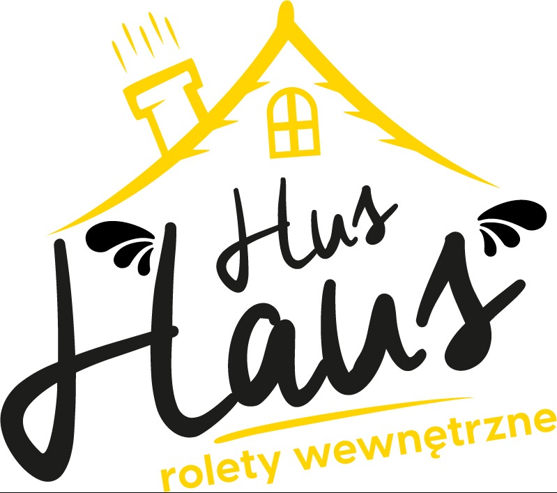 Logo firmy Hus Haus rolety wewnętrzne z żółtym dachem domu i czarnym napisem.