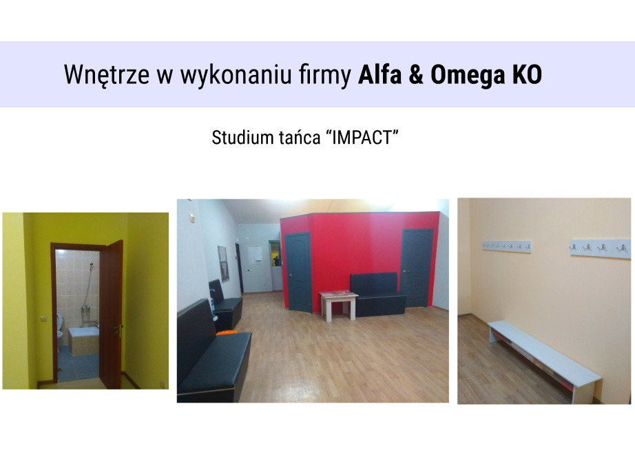 Wnętrze studia tańca 'IMPACT' z żółtą łazienką, czerwonymi ścianami i szarą stolarką, prezentujące trzy różne ujęcia pomieszczeń.