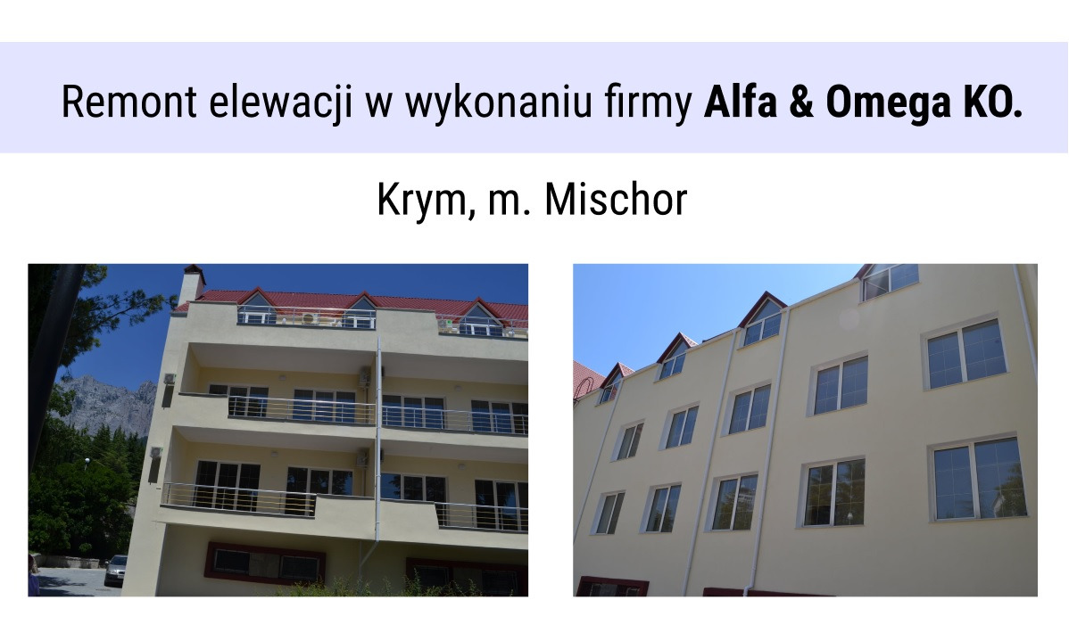 Odnowiona fasada budynku wielokondygnacyjnego w jasnych barwach, z balkonami z metalowymi balustradami i czerwonym dachem, na tle błękitnego nieba oraz górskiego krajobrazu, prezentowana w formie...