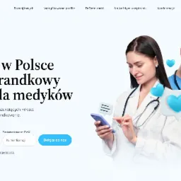 Strona internetowa DRDATE.PL, portal randkowy dla medyków, z ilustracją lekarzy trzymających smartfony i ikonami serc i chmurek dymków.